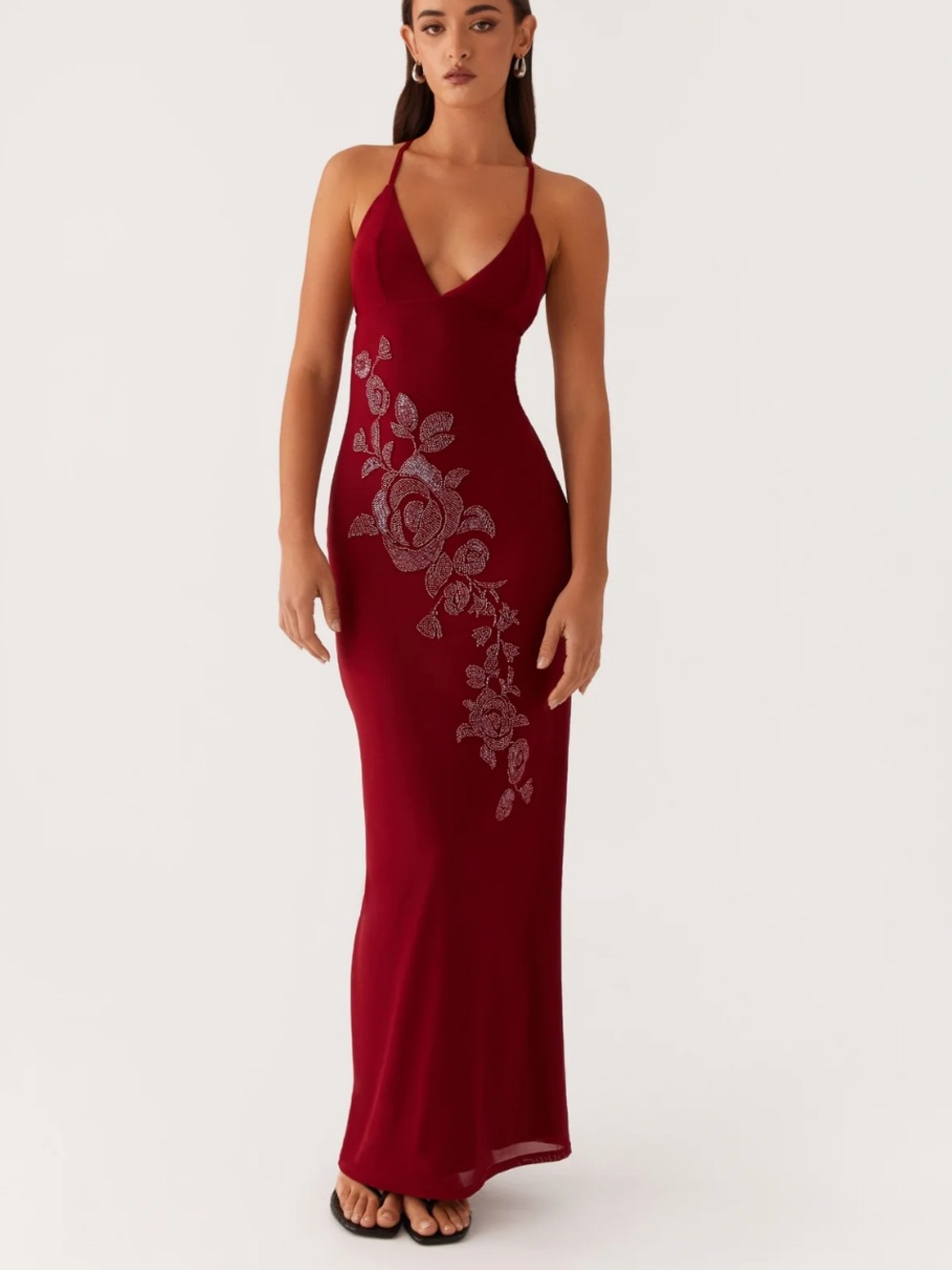 Peppermayo Beki Beaded Mesh Maxi Dress | Deep Red | 8